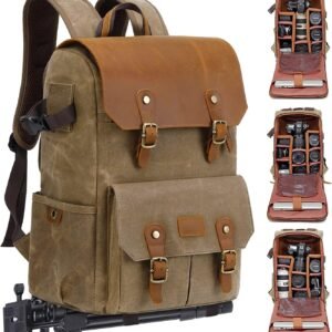 JAEP Camera Backpack - Weather Resistant 16 Ounces Waxed Memory Canvas – DSLR SLR Backpacks with 15.6” laptop sleeve compartment and Tripod Holder for Photographers -Vintage leather Style (Khaki)