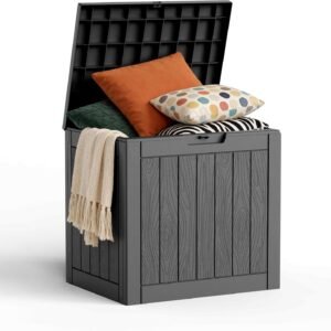 35 Gallon Outdoor Deck Box Lockable Waterproof Storage Black | Heavy-duty resin container for indoor and outside use. Patio cushions, garden equipment, pool accessories, outdoor tools