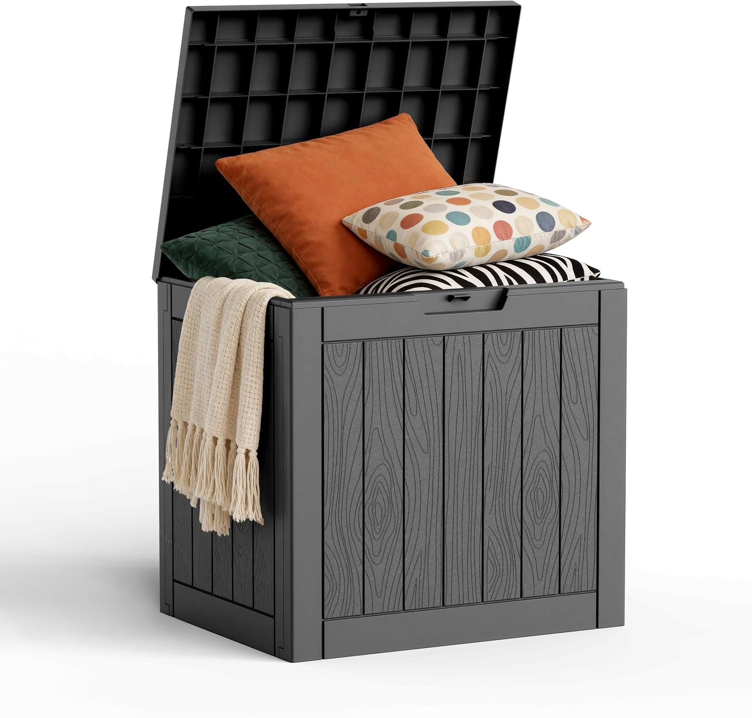 35 Gallon Outdoor Deck Box Lockable Waterproof Storage Black | Heavy-duty resin container for indoor and outside use. Patio cushions, garden equipment, pool accessories, outdoor tools