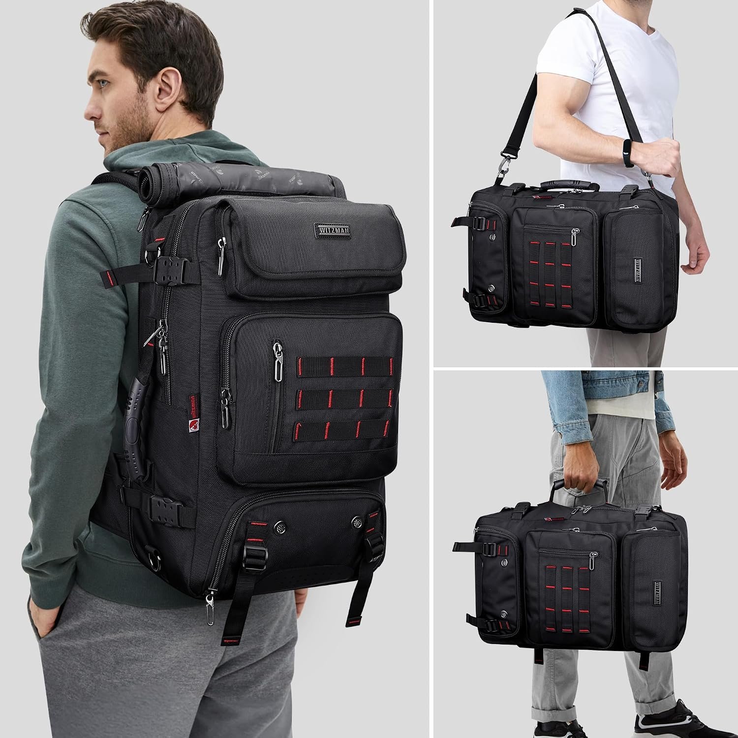 WITZMAN Carry on Travel Backpack for Men Airline Approved Fits 16" Laptop | Nylon 3 in 1 Luggage Duffle Bag with USB Charging Port, Shoe Compartment, For Weekend Getaway, Overnight Trip, B682 Black - Image 2
