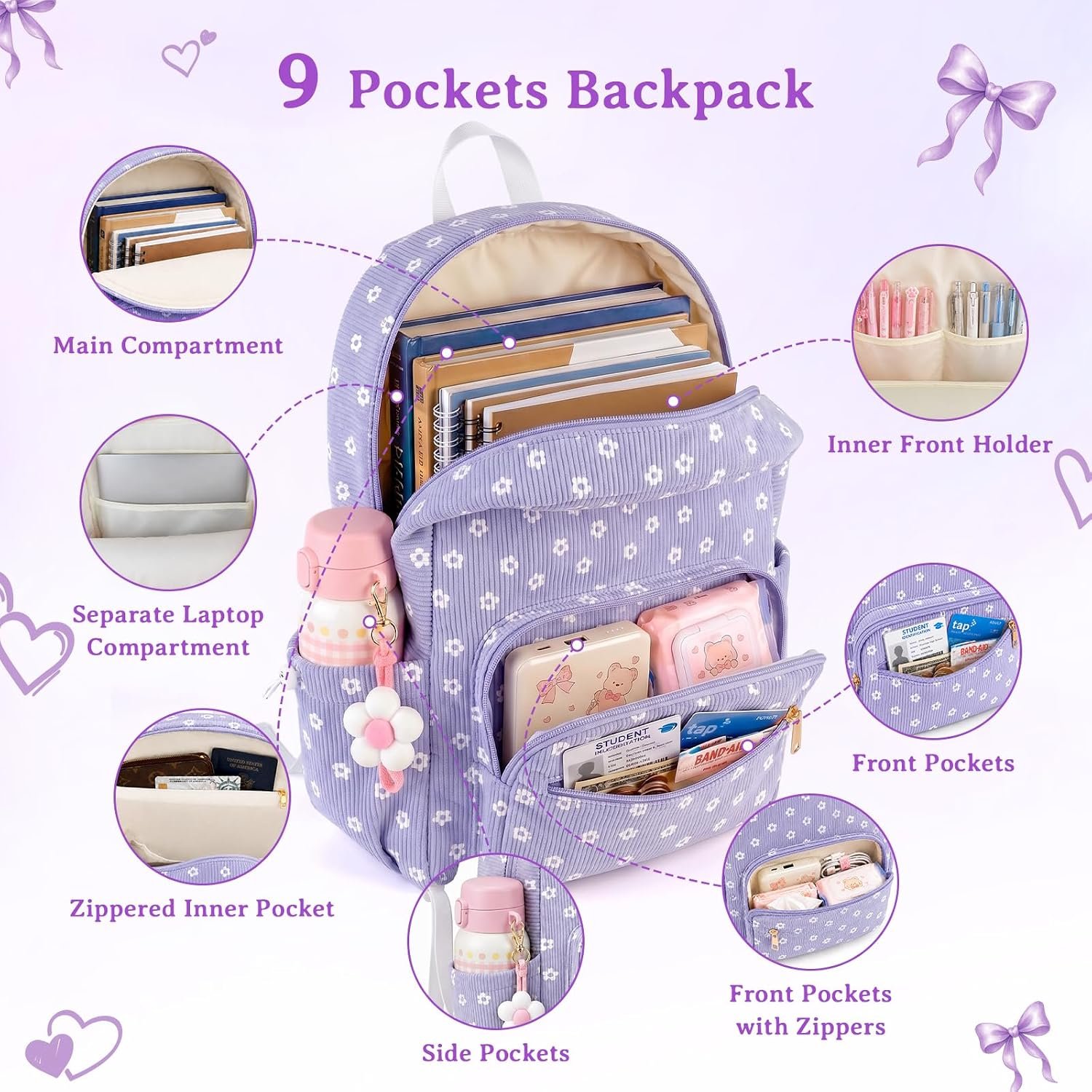 Corduroy Toddler Backpack for Kids School Bag Girls Bookbag Teen Backpack Set Daypack with Lunch Bag and Pencil Case (Purple small white flowers, 3 Set) - Image 5