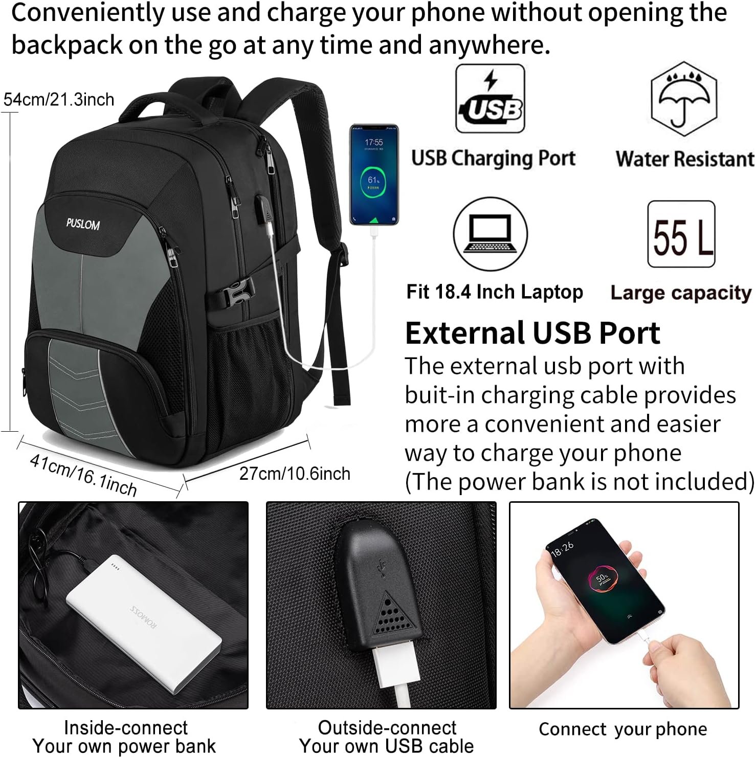 Extra Large Travel Laptop Backpack for Men 55L,Water Resistant 18.4 inch Big Business Laptop bags with USB Charging Port,TSA Friendly Anti Theft Computer Bag for Work College,Grey - Image 2
