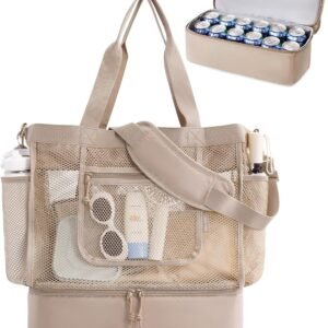 BAGSMART Beach Bag for Women, Mesh Tote Bags with Zipper, Sandproof Vacation Essentials with Cooler for Swim Cruise Pool
