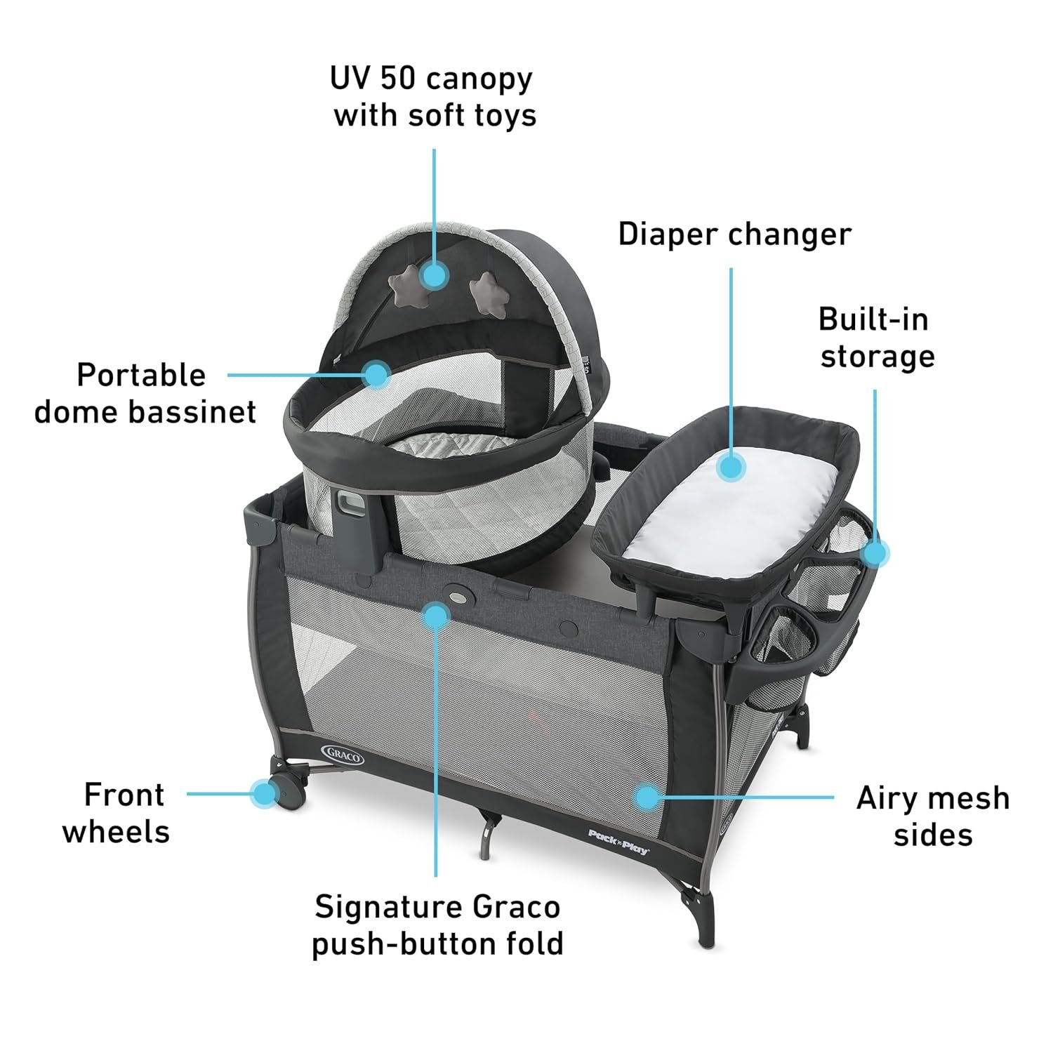 Graco® Pack n Play Dome LX Playard with Baby Bassinet Lightweight Portable Crib Push-Button Fold Travel Crib Redmond Convertible - Image 8