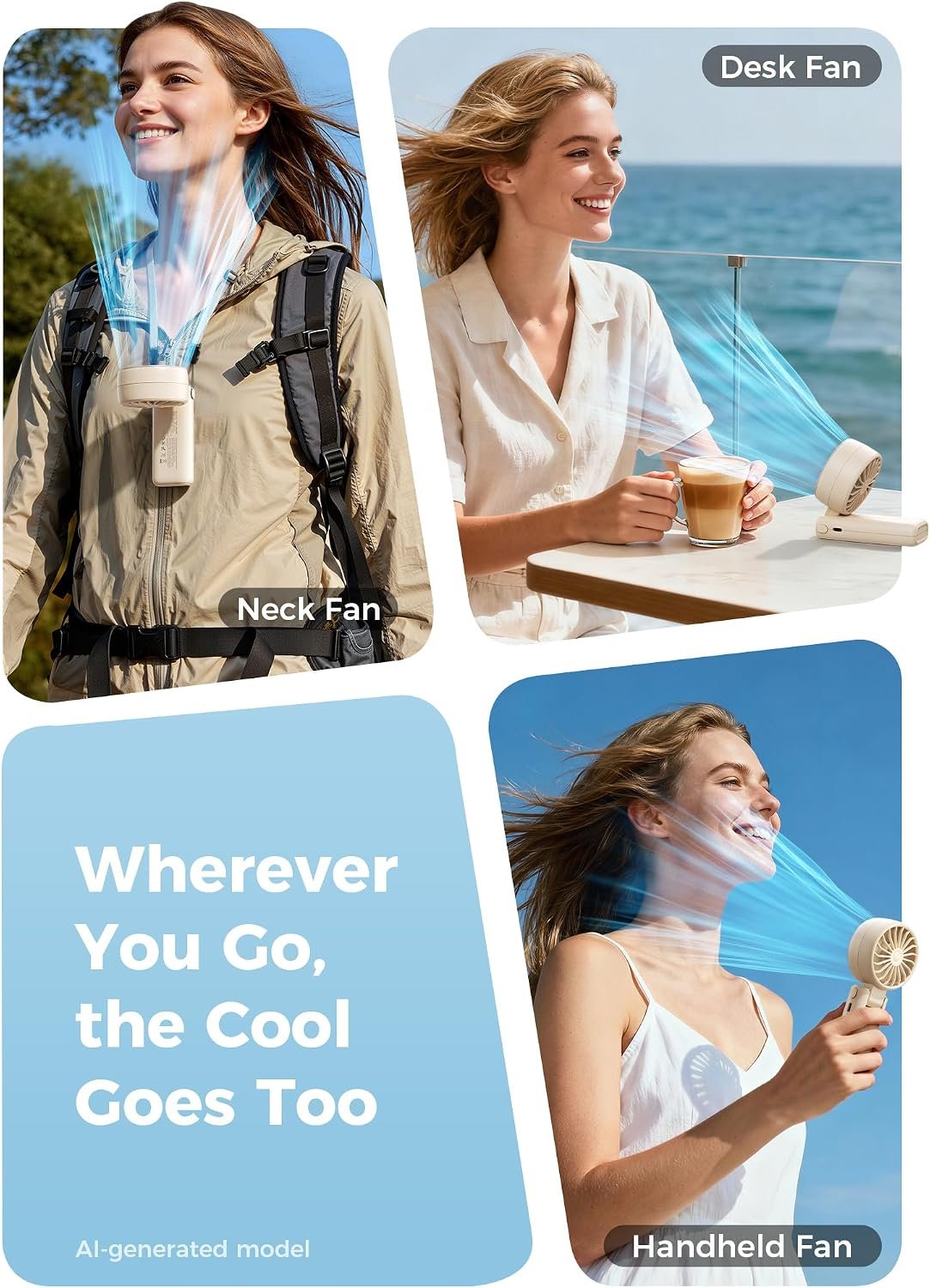 Aecooly Mighty Portable Handheld Fan | 20H Max Cooling | 3 Flexible Modes | 5 Speeds Wind | Battery Level Display | Mini USB Rechargeable Personal Battery Powered Fan Travel Gifts for Women -Beige - Image 5