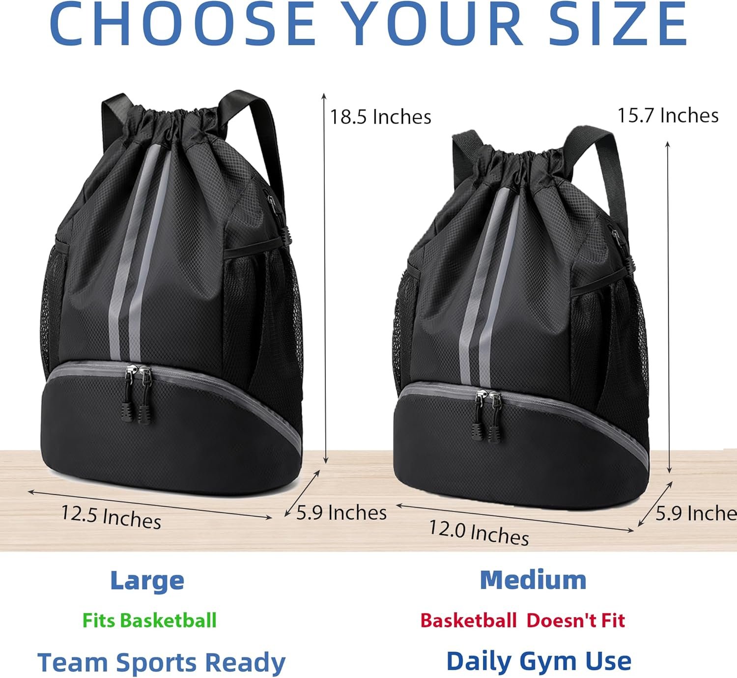 JELUTAR Drawstring Backpack Gym Bag with Shoes Compartment, Black | Water-Resistant String Backpack for Soccer, Basketball, Swim, Beach Cinch for Women Men, 22 L Large Capacity, Wet Pocket - Image 2