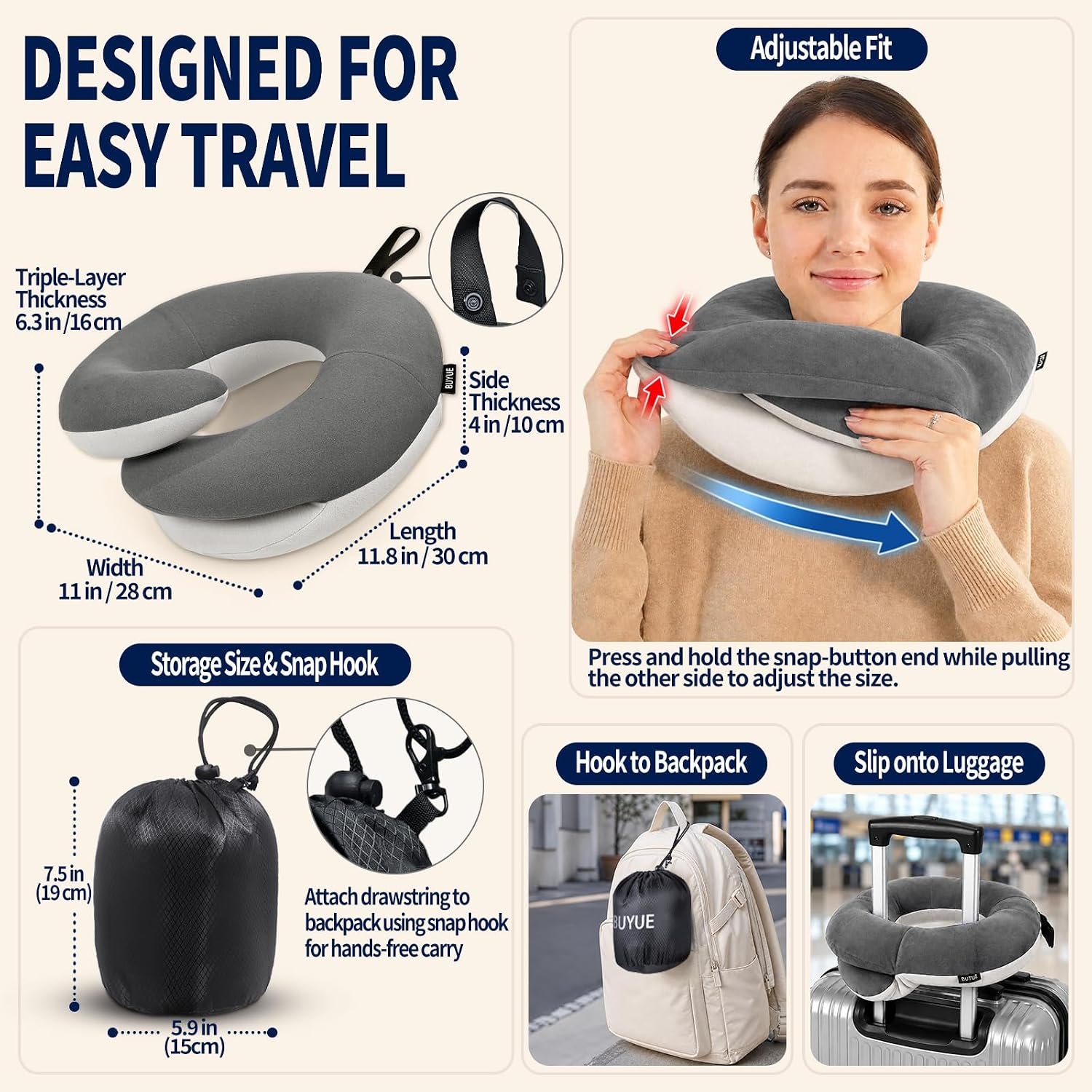 Travel Neck Pillows for Airplanes, Memory Foam 360° Head Support Sleep for Long Flight, Skin-Friendly & Breathable, Kit with Eye Mask, Earplugs and Storage Bag (Adult, Grey, 90+ lbs) - Image 5