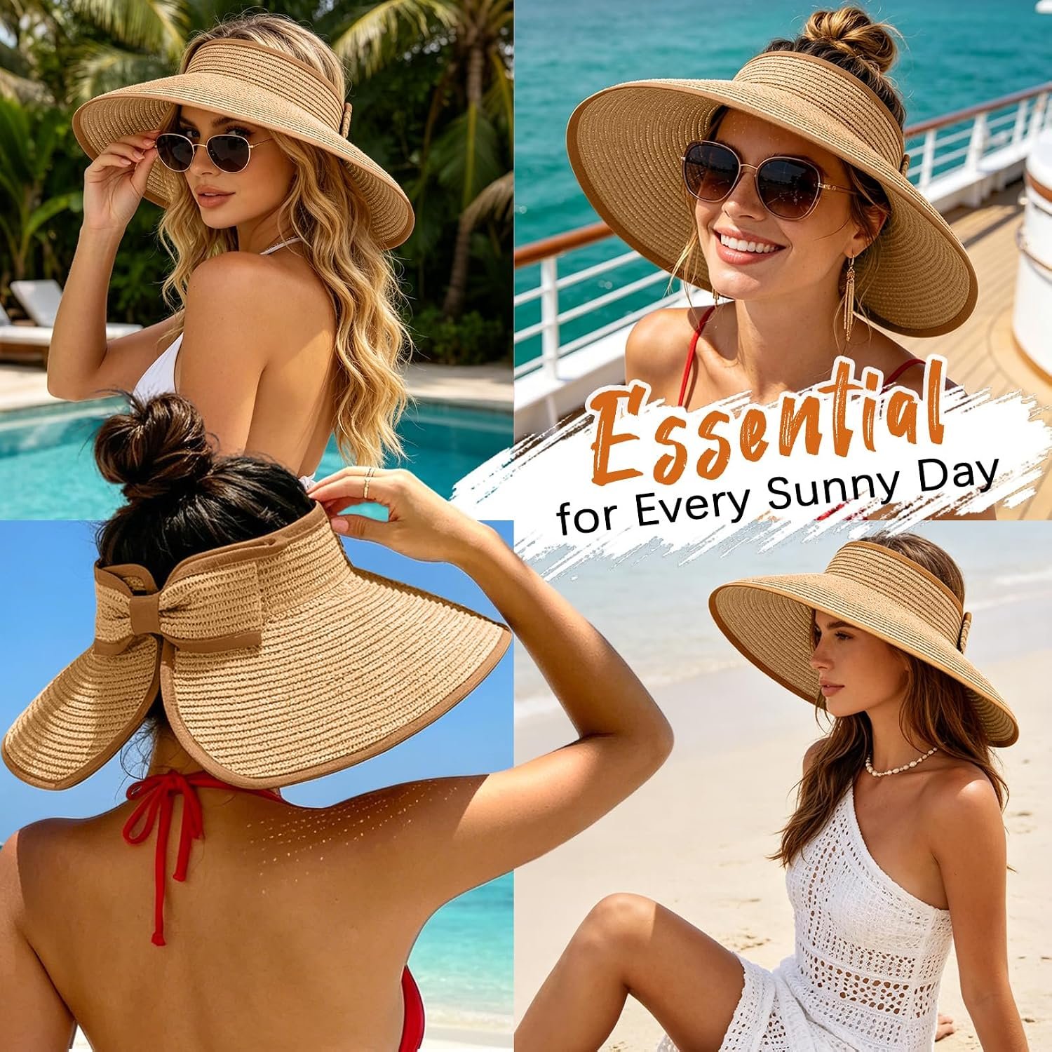 Sun Hats Visor for Women, UV UPF Straw Beach Hat Foldable Wide Brim Ponytail Summer Hats Packable Travel - Image 4