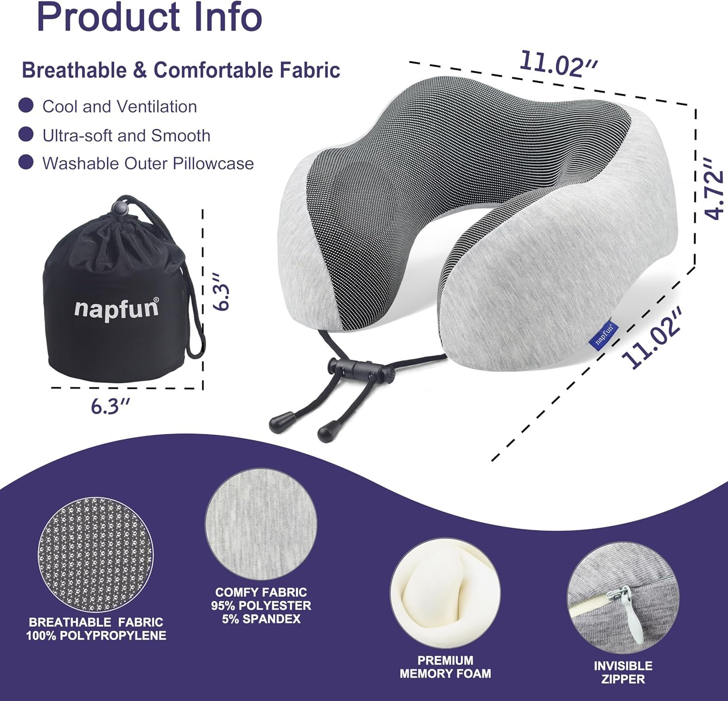 napfun Neck Pillow for Traveling, Upgraded Travel Neck Pillow for Airplane 100% Pure Memory Foam Travel Pillow for Flight Headrest Sleep, Portable Plane Accessories, Light Grey - Image 3