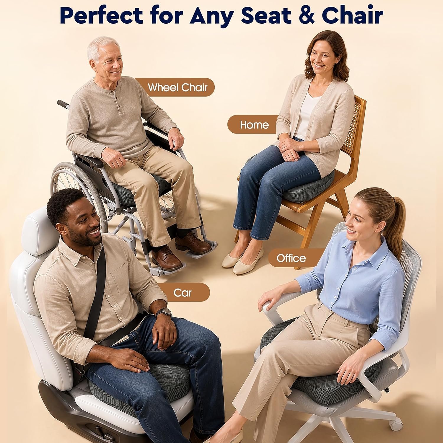 Seat Cushion - Memory Foam Sitting Pillow for Office Chair, Car Seat, Airplane, Bleacher - Sciatica & Hip & Coccyx Pain Relief Desk Chair Cushion for Long Sitting Office Workers, Car Drivers | for Car Seat, Airplane, Desk Chair - Sciatica & Hip & Coccyx Pain Relief Cushion for Long Sitting Office Workers, Car Drivers - Image 7