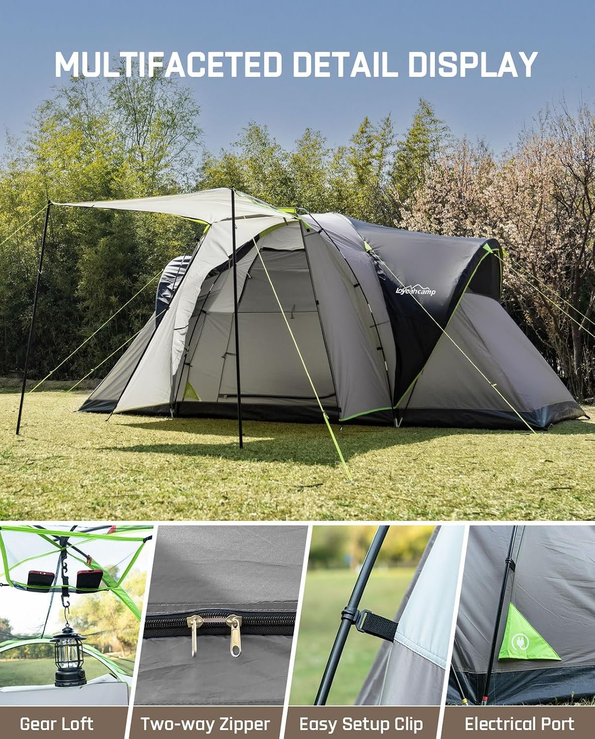 LOYEAHCAMP 8 Person Larger Extended Dome Camping Tent with 3 Rooms | Waterproof Semi-Freestanding Family Outdoor Tent with Spacious Interior and Mesh Windows - Image 6