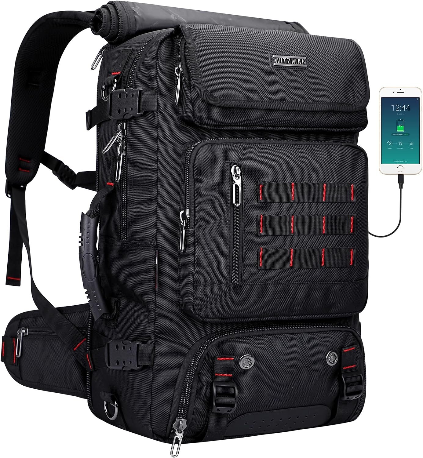 WITZMAN Carry on Travel Backpack for Men Airline Approved Fits 16" Laptop | Nylon 3 in 1 Luggage Duffle Bag with USB Charging Port, Shoe Compartment, For Weekend Getaway, Overnight Trip, B682 Black