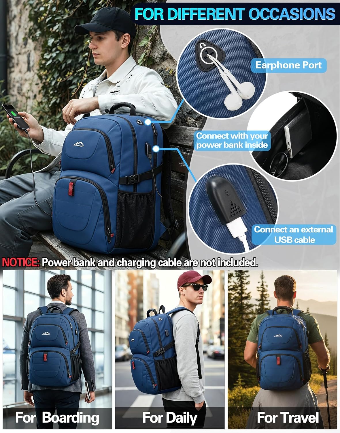 ProEtrade Travel Backpack, Extra Large Laptop Backpack Business Anti Theft TSA Approved College Work Computer Bag Fits 17 Inch Laptop with USB Charging Port for Women Men(Blue) - Image 6