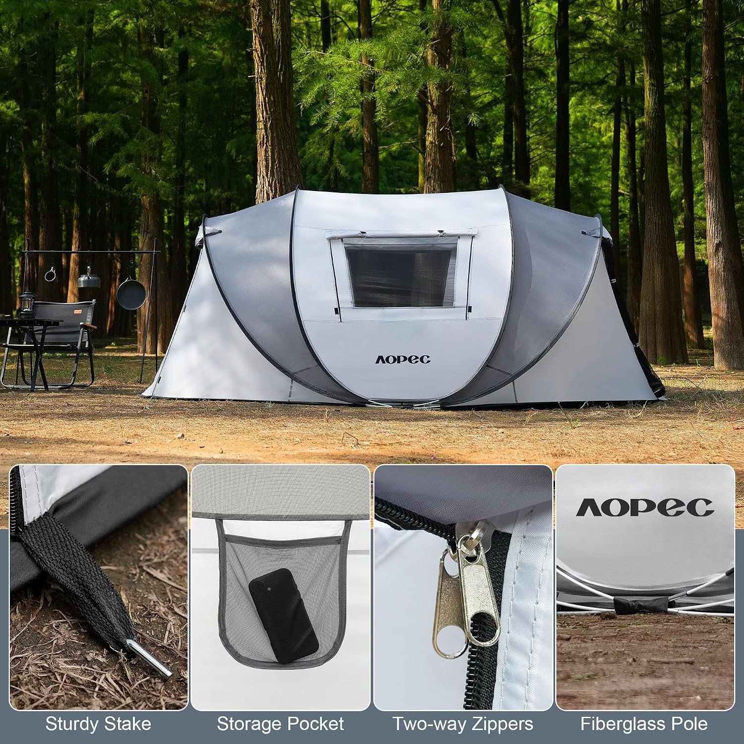 Pop Up Camping Tent, 2/4/6 Person Instant Tent Waterproof PU4500mm, Spacious Ventilated Camping Tent with Front Porch, Quick Setup Lightweight Portable for Outdoor Camping Hiking Beach - Image 7