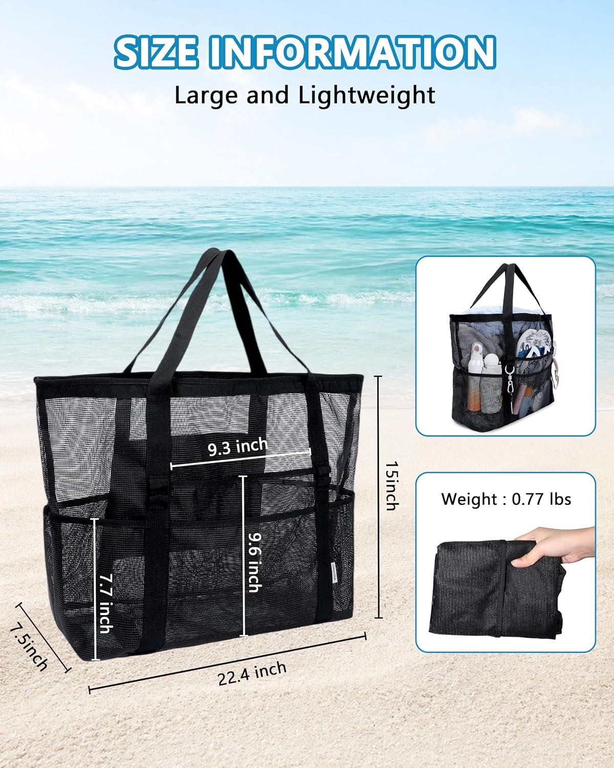 Beach Bag for Women, Foldable Mesh Swimming Pool Travel Bags, Beach Sandproof Shoulder Tote Bag Cruise Essentials - Image 3