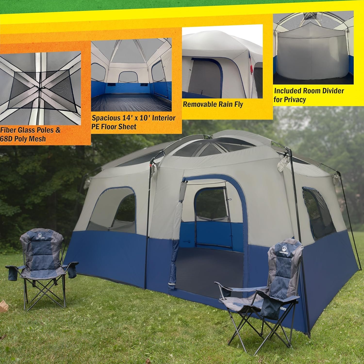 Wakeman Outdoors 10 Person Camping Tent with Rainfly, Navy | Large Outdoor Tent with Room Divider - Fits 4 Queen Size Mattresses - Family Camping House with 2 Doors and 4 Screen Windows - Image 4