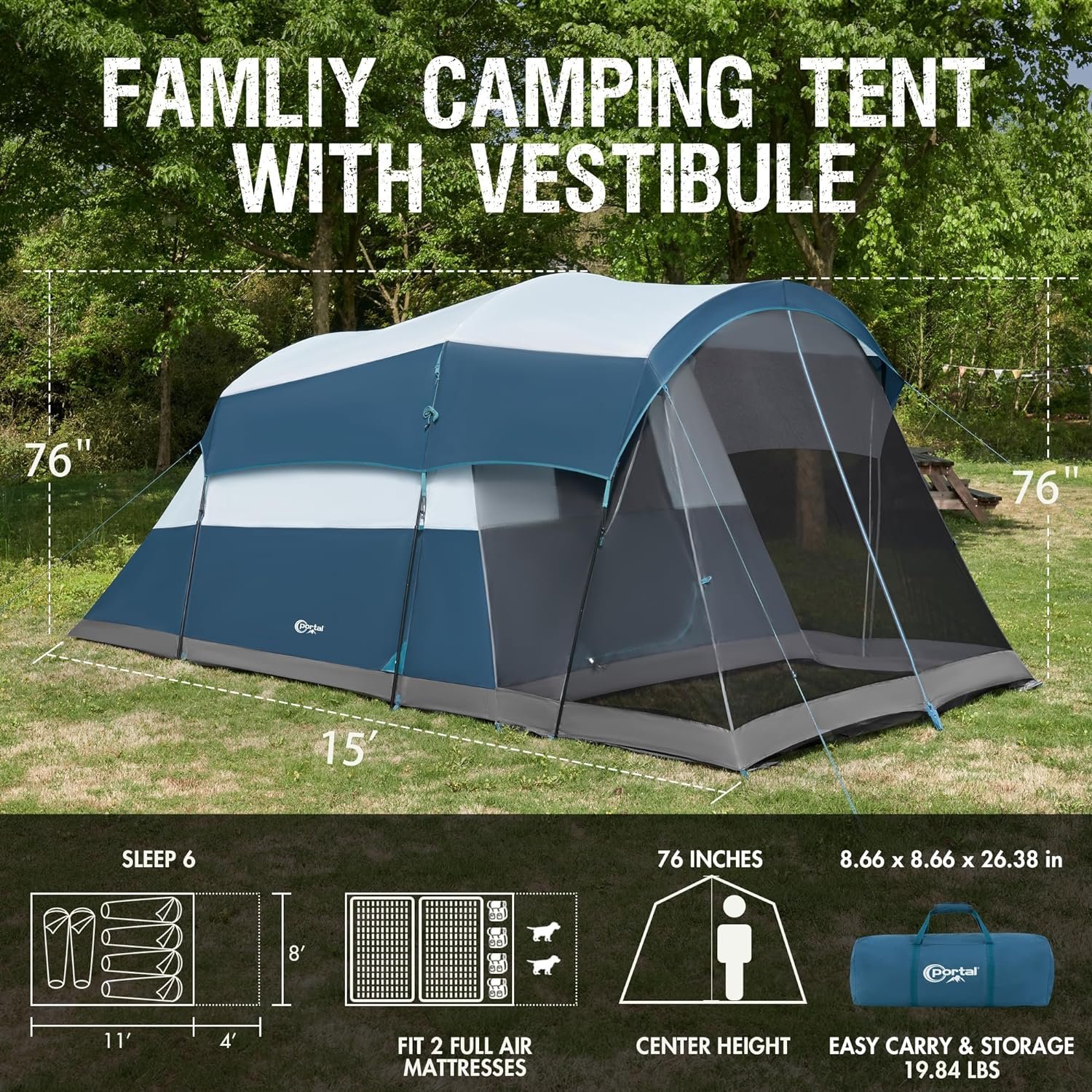 PORTAL 6/8/10 Person Family Camping Tent with Screen Room | Portable 8 Person Tent Outdoor Design; Durable Construction; Easy Setup & Storage - Image 2