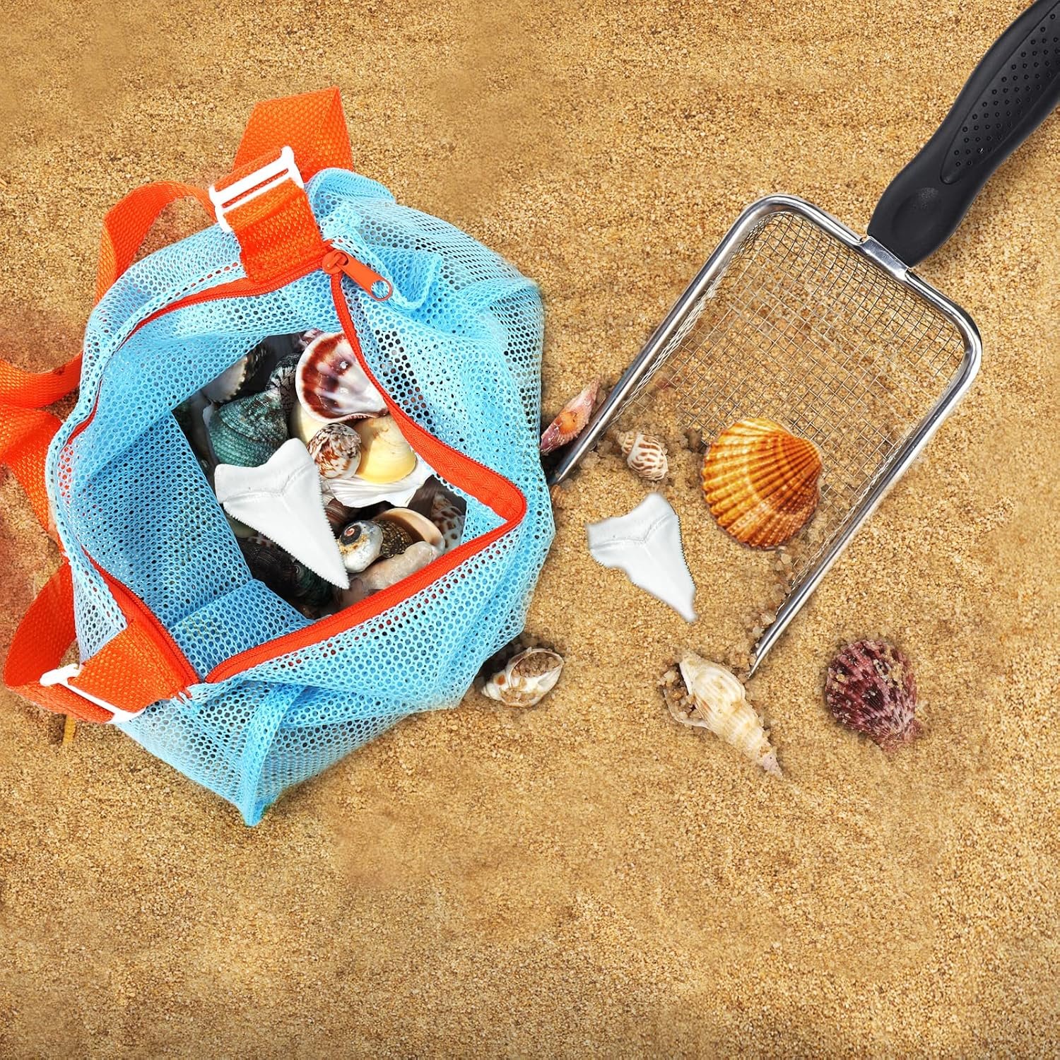 Vodolo Beach Mesh Shovel with Mesh Beach Bag for Shell Collecting, Kids Filter Sand Scooper for Picking Up Shells, Shark Tooth Sifter Dipper for Boys and Girls, Toy - Image 2