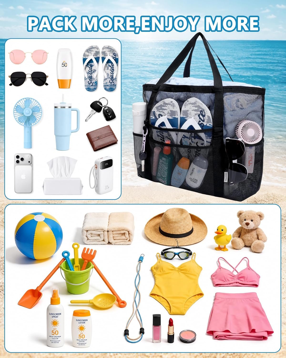 Beach Bag for Women, Foldable Mesh Swimming Pool Travel Bags, Beach Sandproof Shoulder Tote Bag Cruise Essentials - Image 5