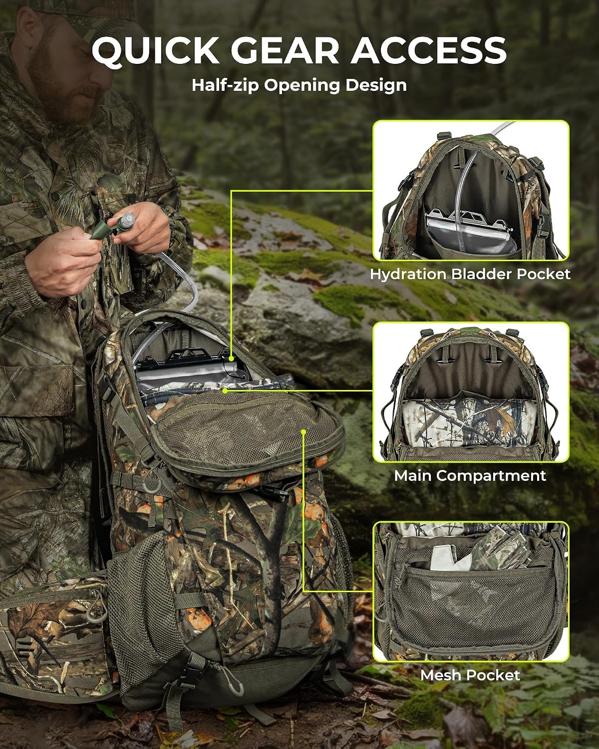 Extremus by KastKing Timber Trail Hunting Backpack for Men, Hunting Pack | Quiet Hunting Bag, Rifle Sling, Ammo Storage, Rain Cover Included, Hydration Compatible, Tree Stand & Climbing Stick Carry - Image 4