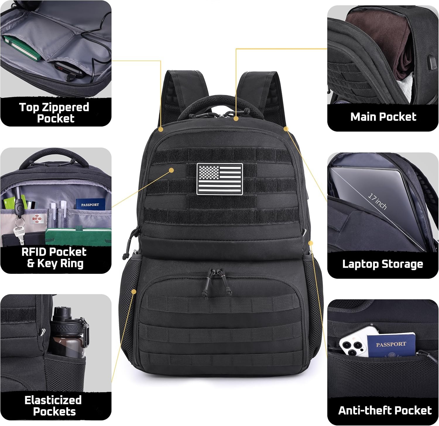 MOZETO Laptop Lunch Backpack for Men, Tactical Inspired Utility Anti-Theft Work Bag with Cooler Compartment Lunchbox (Black, 17 Inch) - Image 2
