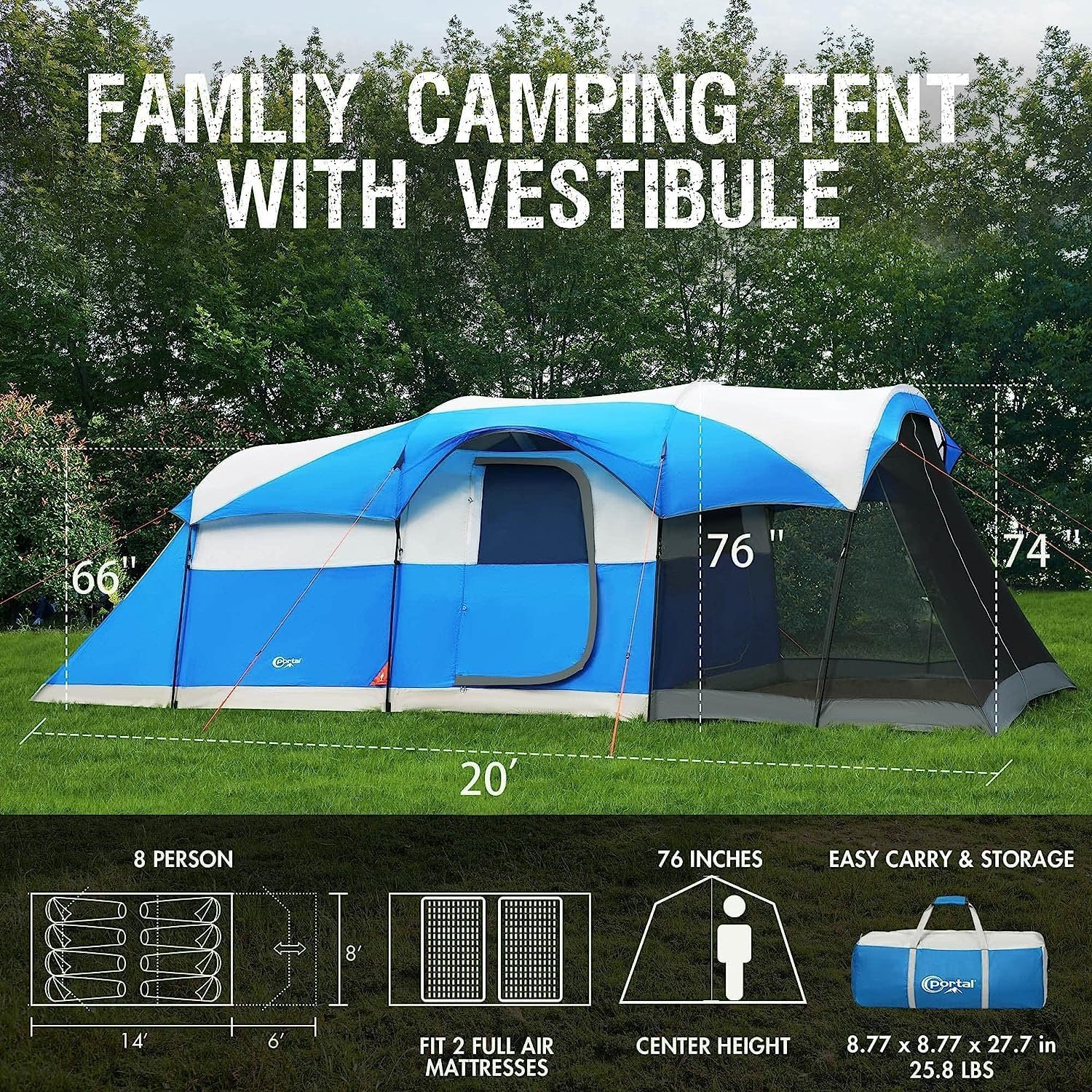 PORTAL 6/8/10 Person Family Camping Tent with Screen Room | Portable 8 Person Tent Outdoor Design; Durable Construction; Easy Setup & Storage - Image 2