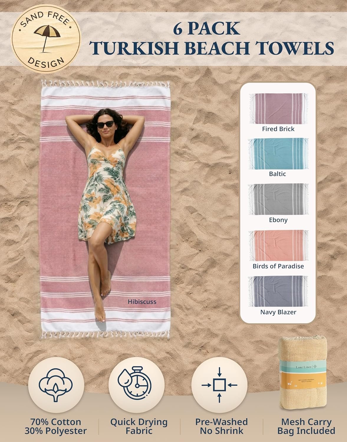 LANE LINEN 6-Pack Oversized Pre-Washed Beach Towels, Stylish Quick-Dry Pool & Travel Towels for Adults, 39"x71" - Diamond Multi Colors | Stylish Quick-Dry Pool & Travel Towels for Adults - 39"x71", Vacation Essential - Machine Washable, Super Absorbent, Durable - Image 2