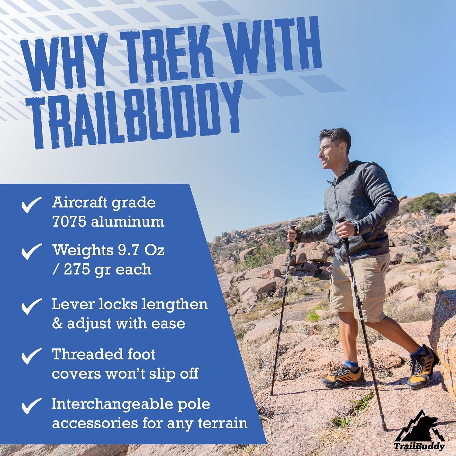 TrailBuddy Trekking Poles – Lightweight 7075 Aluminum Hiking Poles for Women, Men & Seniors – Collapsible Walking Sticks for Travel, Trails & Balance - Image 3