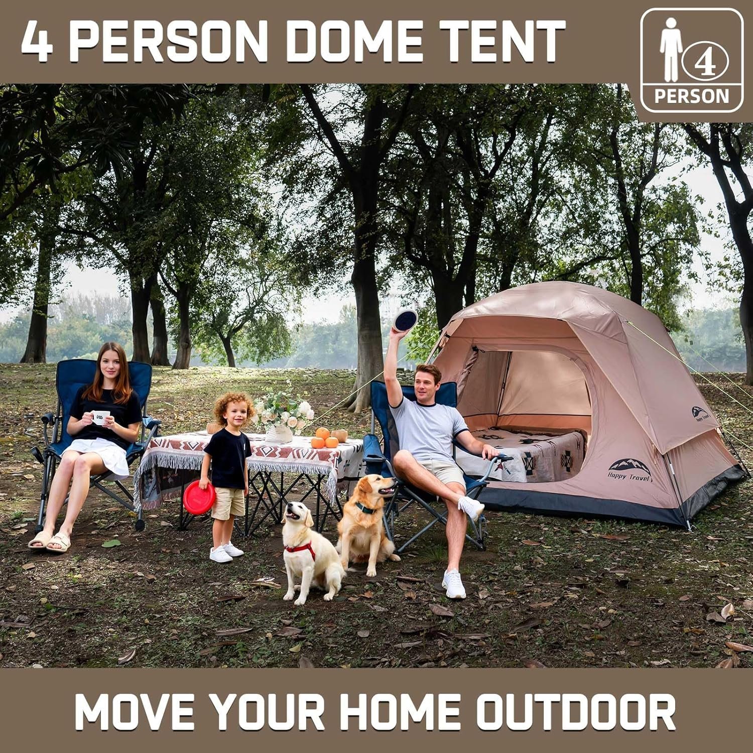 Happy Travel Camping Tent, 4 Person Dome Tents for Camping with Rainfly | Waterproof Clip Easy Setup Portable Family Tent with Mesh Windows, 20% More Headroom Backpacking Tents for Camping & Hiking - Image 6