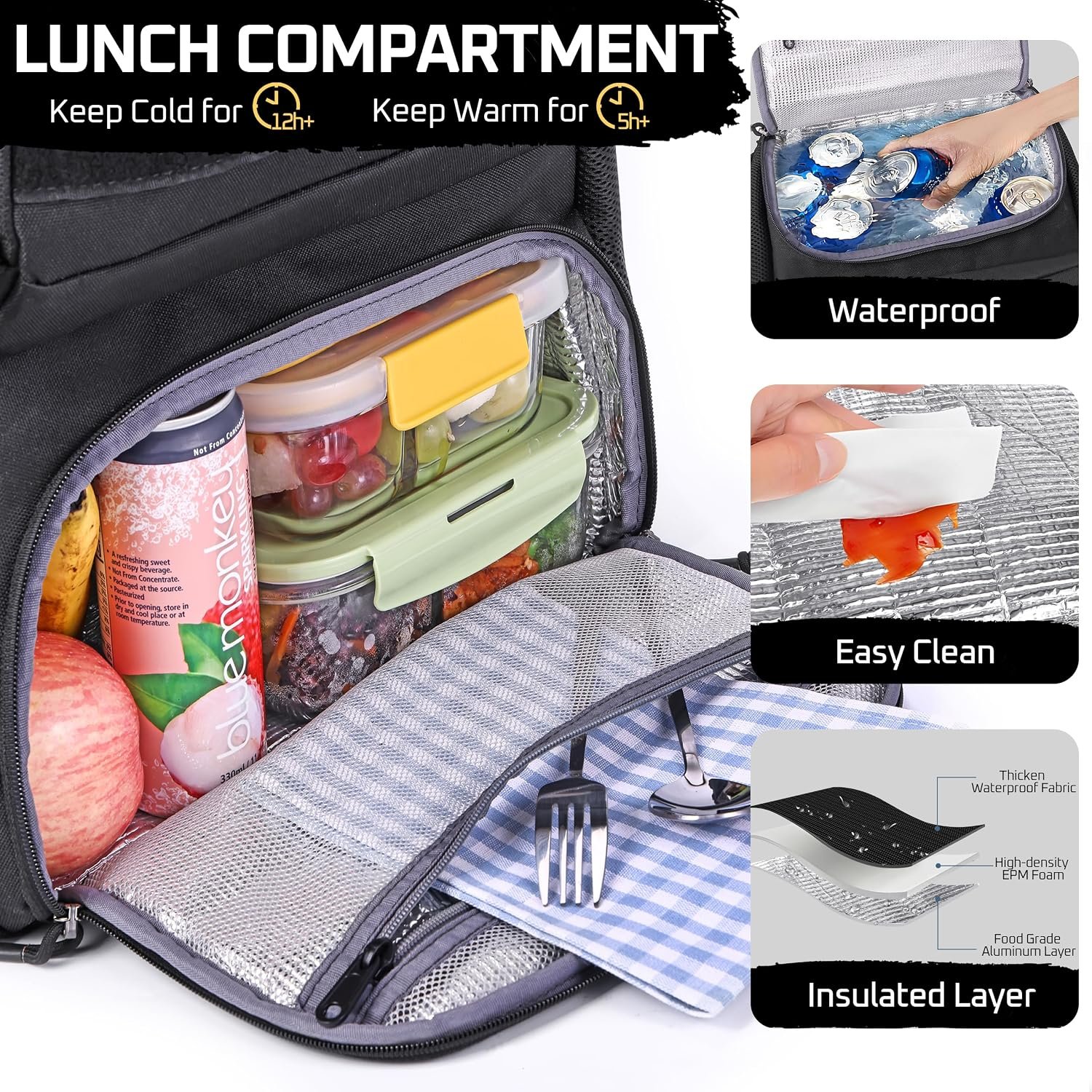 MOZETO Laptop Lunch Backpack for Men, Tactical Inspired Utility Anti-Theft Work Bag with Cooler Compartment Lunchbox (Black, 17 Inch) - Image 3
