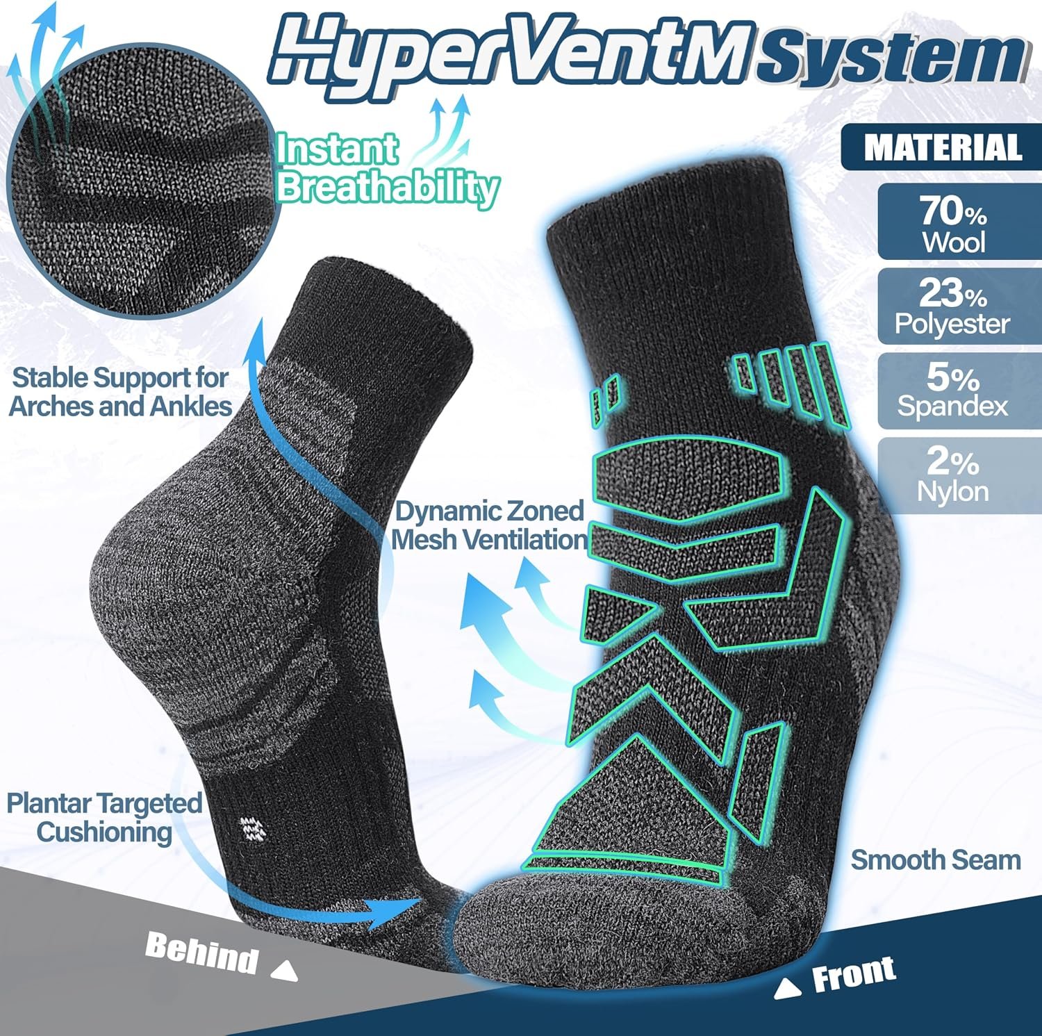 ANTSANG Merino Wool Quarter Ankle Hiking Running Socks for Women and Men | Enhanced Breathability, Dynamic Ventilation, Targeted Cushion, Stabilization System, Warm Thermal, Moisture-Wicking, 6 Pairs - Image 5