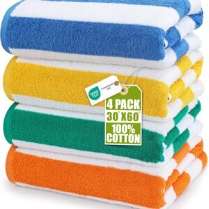 Utopia Towels Cabana Beach Towels, 4 Pack, 30x60 in, Cotton, Striped | Oversized Lightweight Ring Spun Cotton Beach Towels for Pool & Swim Days - Soft, Quick-Drying, Modern Striped Design