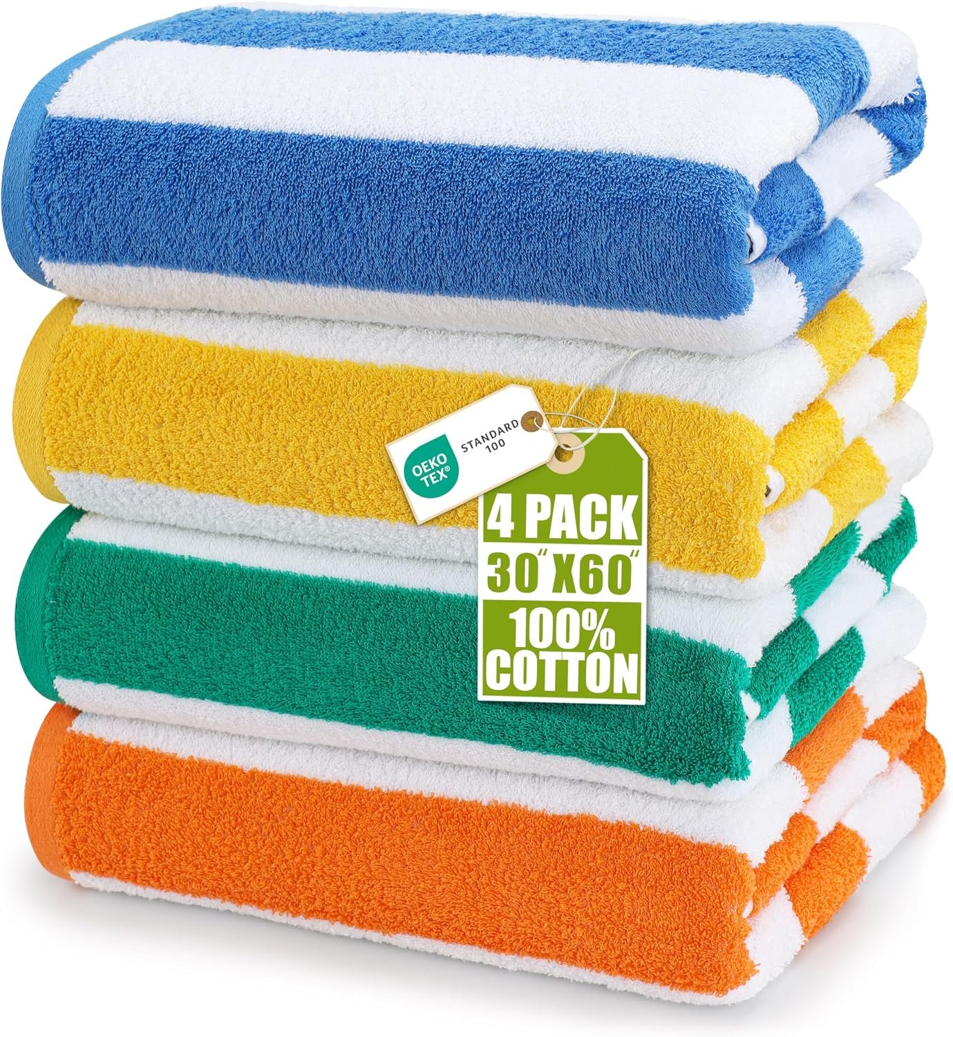 Utopia Towels Cabana Beach Towels, 4 Pack, 30x60 in, Cotton, Striped | Oversized Lightweight Ring Spun Cotton Beach Towels for Pool & Swim Days - Soft, Quick-Drying, Modern Striped Design