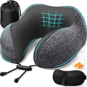 ExploreBliss Travel Pillow, Memory Foam Neck Pillow Airplane, Grey | Travel Pillows for Airplanes, Neck Pillow Airplane, Memory Foam Neck Pillow Set with Eye Mask, Earplugs