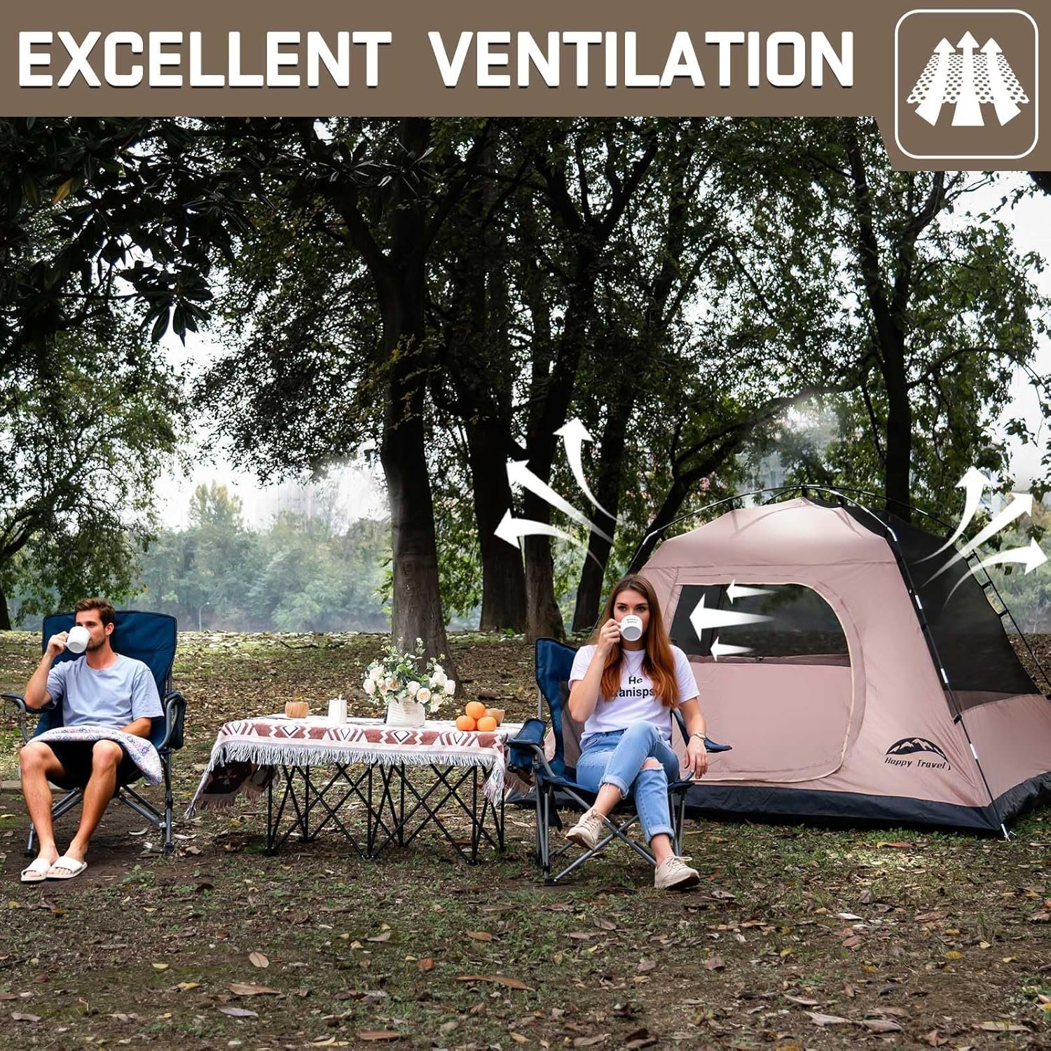 Happy Travel Camping Tent, 4 Person Dome Tents for Camping with Rainfly | Waterproof Clip Easy Setup Portable Family Tent with Mesh Windows, 20% More Headroom Backpacking Tents for Camping & Hiking - Image 7