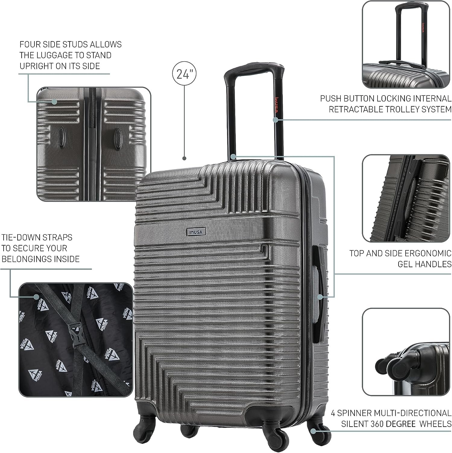 InUSA RESILIENCE Luggage with Spinner Wheels | Durable Lightweight Hardside Spacious Travel Bag with Handle and Trolley | 24-Inch Medium Checked Luggage | Charcoal - Image 3