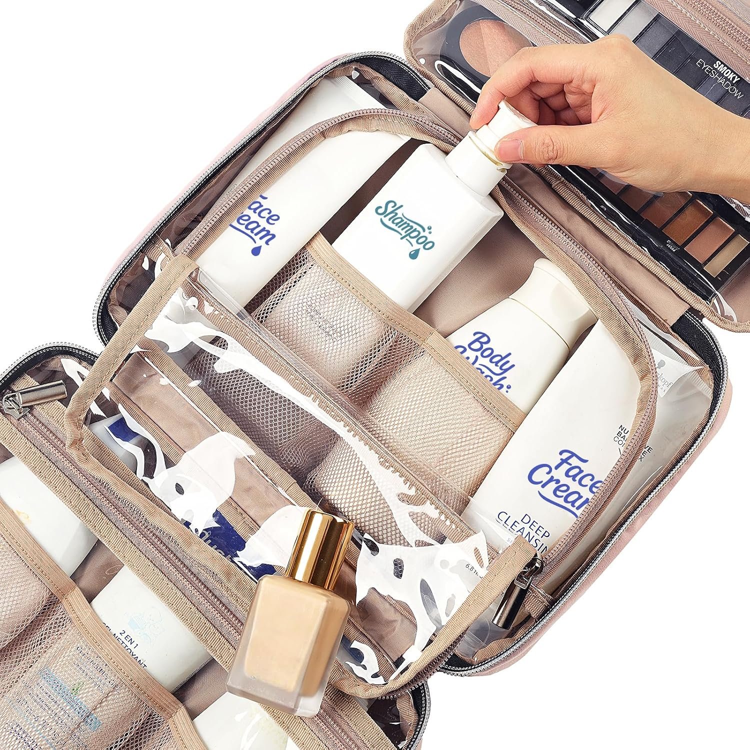 NISHEL Travel Toiletry Bag for women, Portable Hanging makeup Organizer | for Travel-Sized Shampoo, Conditioner, Brushes Set, makeup Accessories, Medium Size, Pink - Image 5
