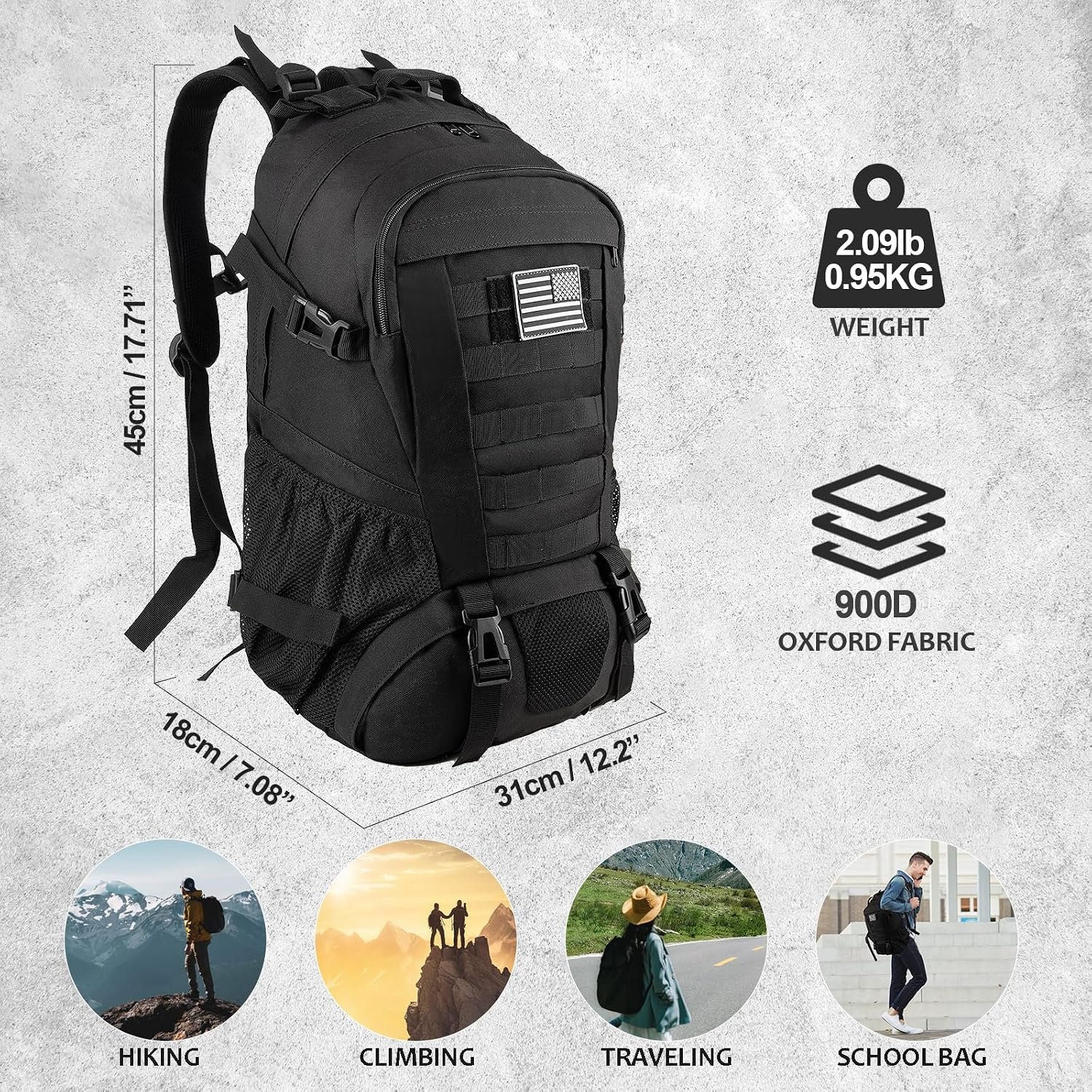 Jueachy Tactical Backpack for Men Hiking Day Pack Molle Military Rucksack Waterproof 30L EDC Bag with USA Flag Patch - Image 8