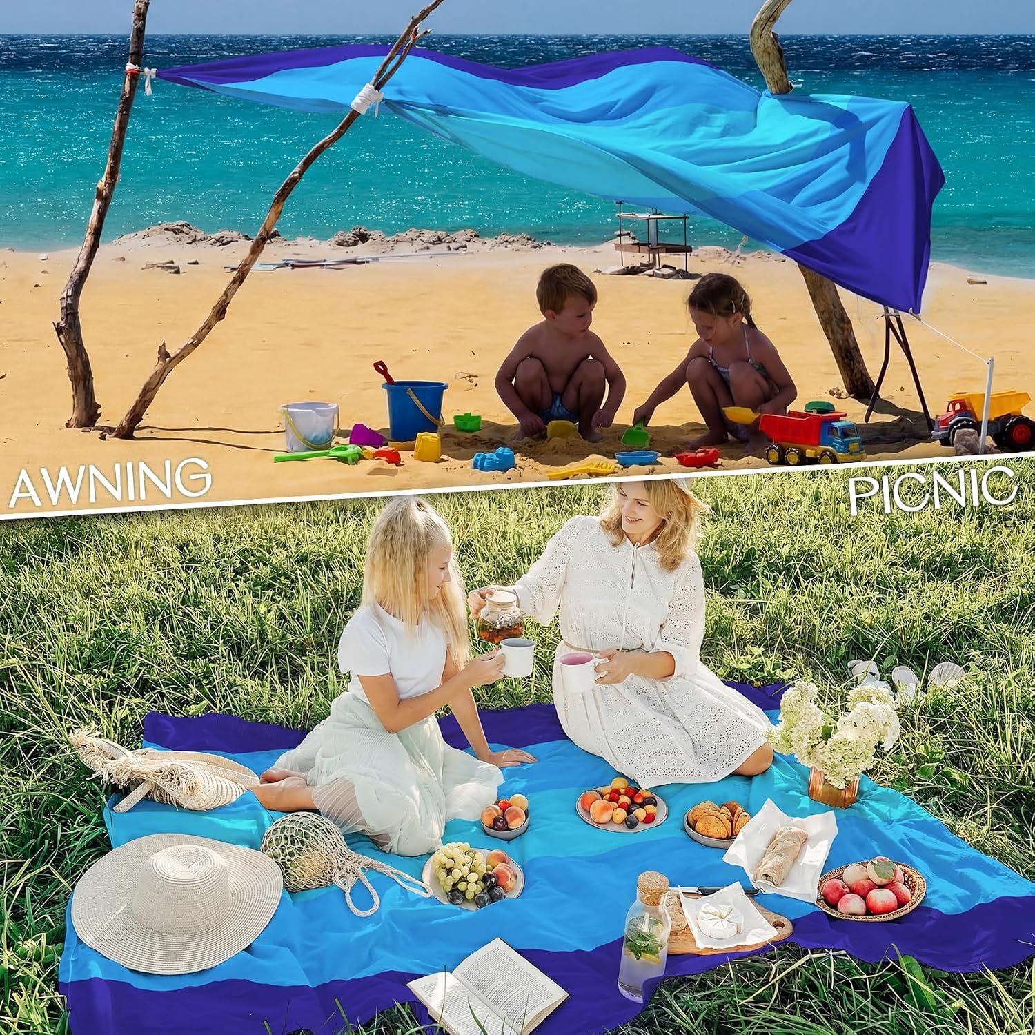 BYDOLL Beach Blanket Waterproof Sandproof Large Sand Free,78''X81''/10'X9' Oversized Sandless Lightweight Blanket Picnic Mat for Beach Travel Camping Hiking with Stakes - Image 5