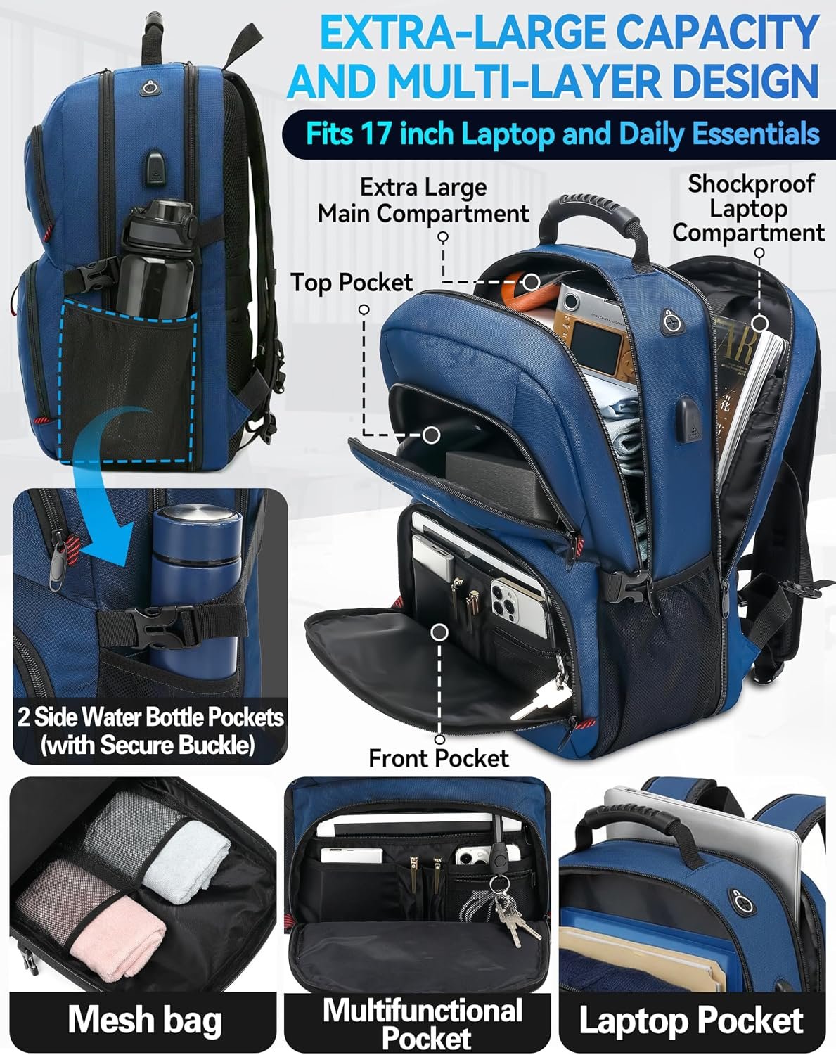 ProEtrade Travel Backpack, Extra Large Laptop Backpack Business Anti Theft TSA Approved College Work Computer Bag Fits 17 Inch Laptop with USB Charging Port for Women Men(Blue) - Image 3
