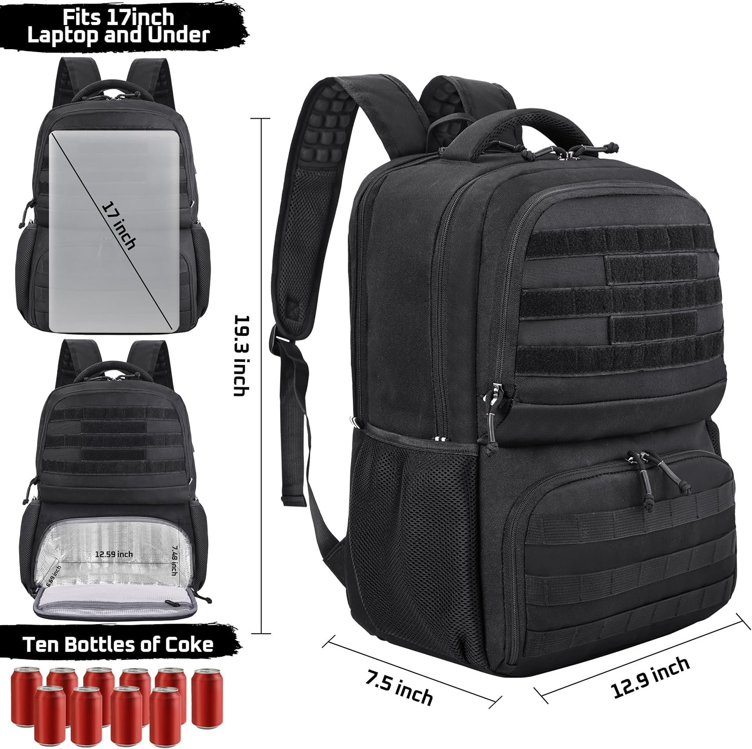 MOZETO Laptop Lunch Backpack for Men, Tactical Inspired Utility Anti-Theft Work Bag with Cooler Compartment Lunchbox (Black, 17 Inch) - Image 6