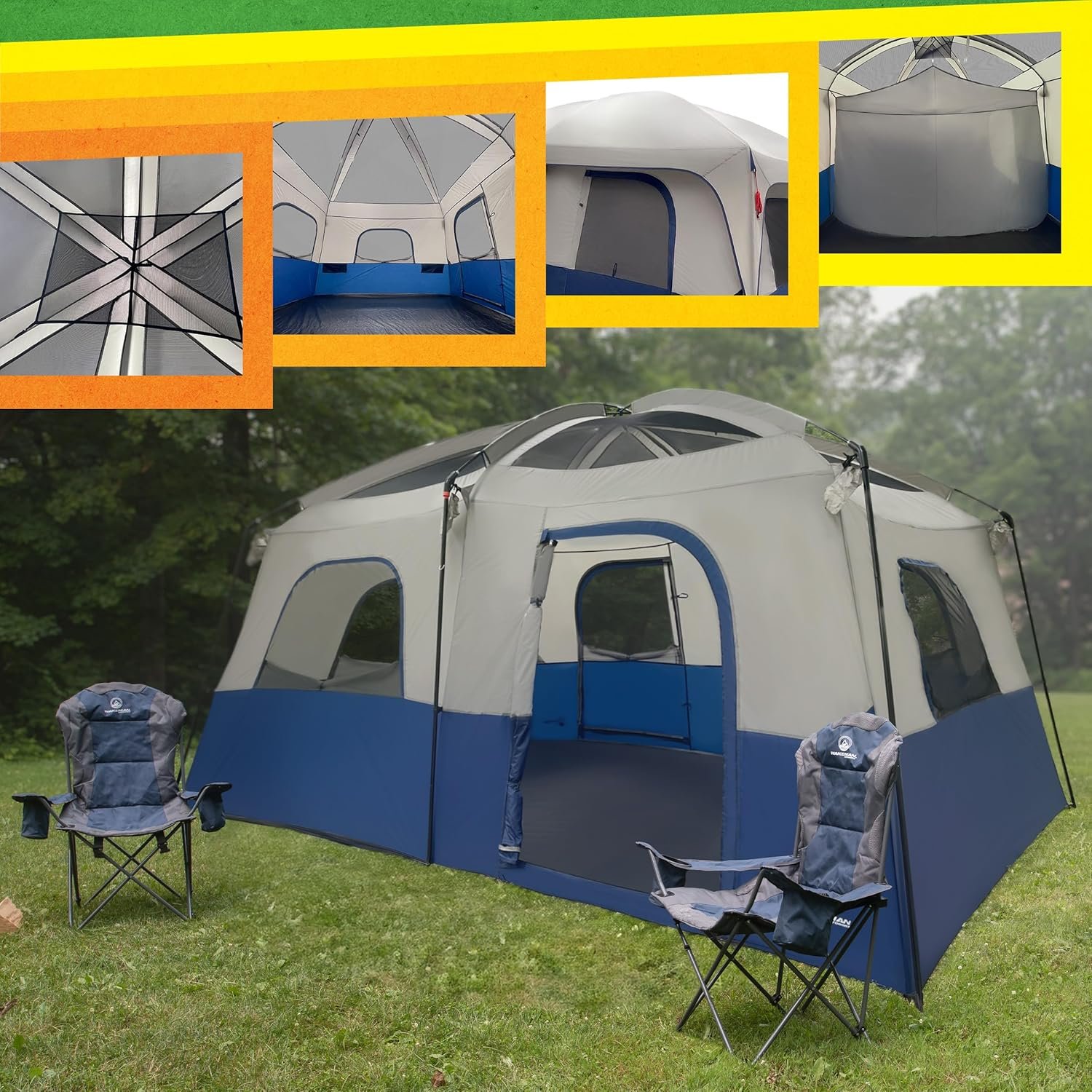 Wakeman Outdoors 10 Person Camping Tent with Rainfly, Navy | Large Outdoor Tent with Room Divider - Fits 4 Queen Size Mattresses - Family Camping House with 2 Doors and 4 Screen Windows - Image 6