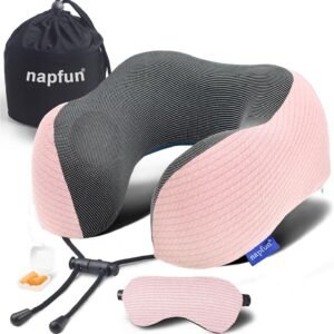 napfun Neck Pillow for Travel with Travel Pouch, Sleep Mask & Earplugs, Memory Foam Airplane Pillow for Headrest Sleep with Eyeshades, Plane Essentials with Eye Blindfold, Pink Striped Kit