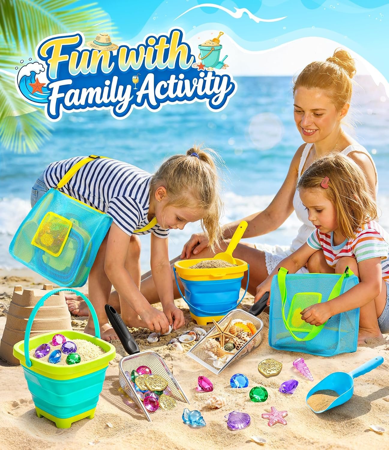 Beach Toys for Kids 24 Pcs Metal Sand Sifter Collapsible Beach Buckets Set | Stainless Steel Sand Shovel, Sandcastle Building Kit with Mesh Bag, Travel Sand Toys for Toddlers Age 3-10 - Image 5