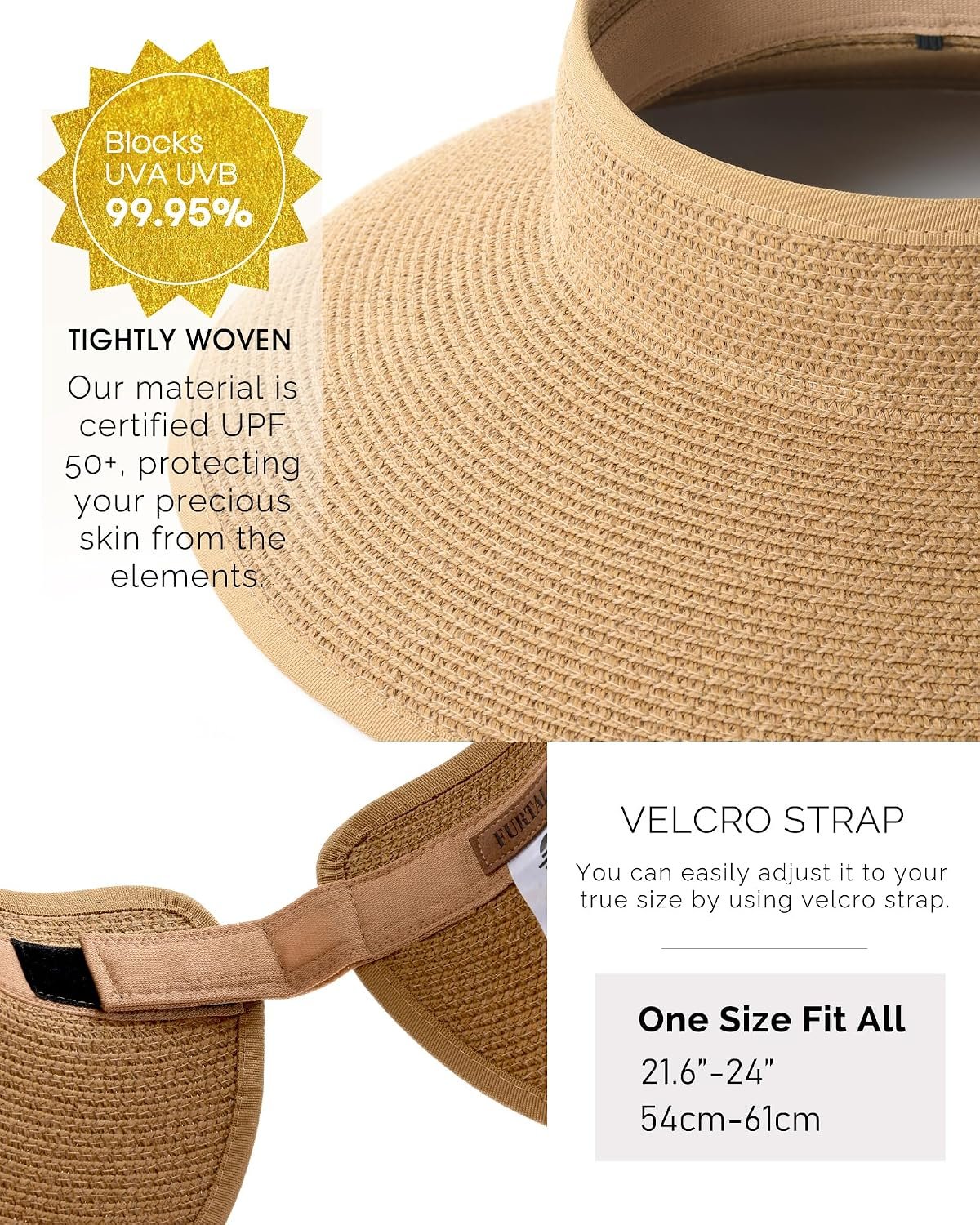 FURTALK Womens Sun Hat with Ponytail Hole Wide Brim Beach Straw Visor | Foldable & Packable for Beach Vacations, Adjustable Fit for Messy Buns, Detachable Windproof Strap, Sweat-Wicking Inner Band - Image 7