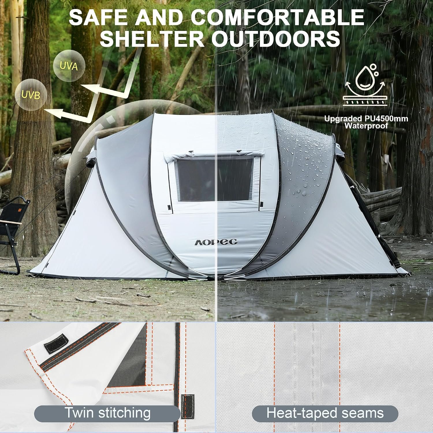 Pop Up Camping Tent, 2/4/6 Person Instant Tent Waterproof PU4500mm, Spacious Ventilated Camping Tent with Front Porch, Quick Setup Lightweight Portable for Outdoor Camping Hiking Beach - Image 4