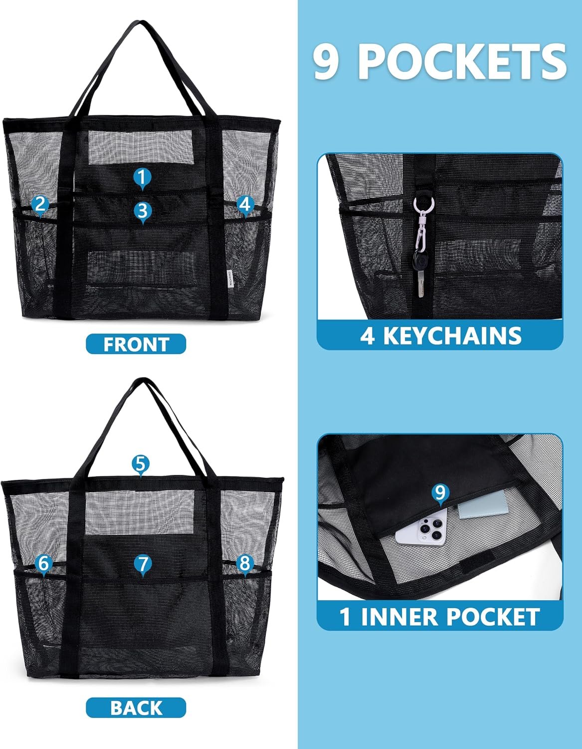 Beach Bag for Women, Foldable Mesh Swimming Pool Travel Bags, Beach Sandproof Shoulder Tote Bag Cruise Essentials - Image 4