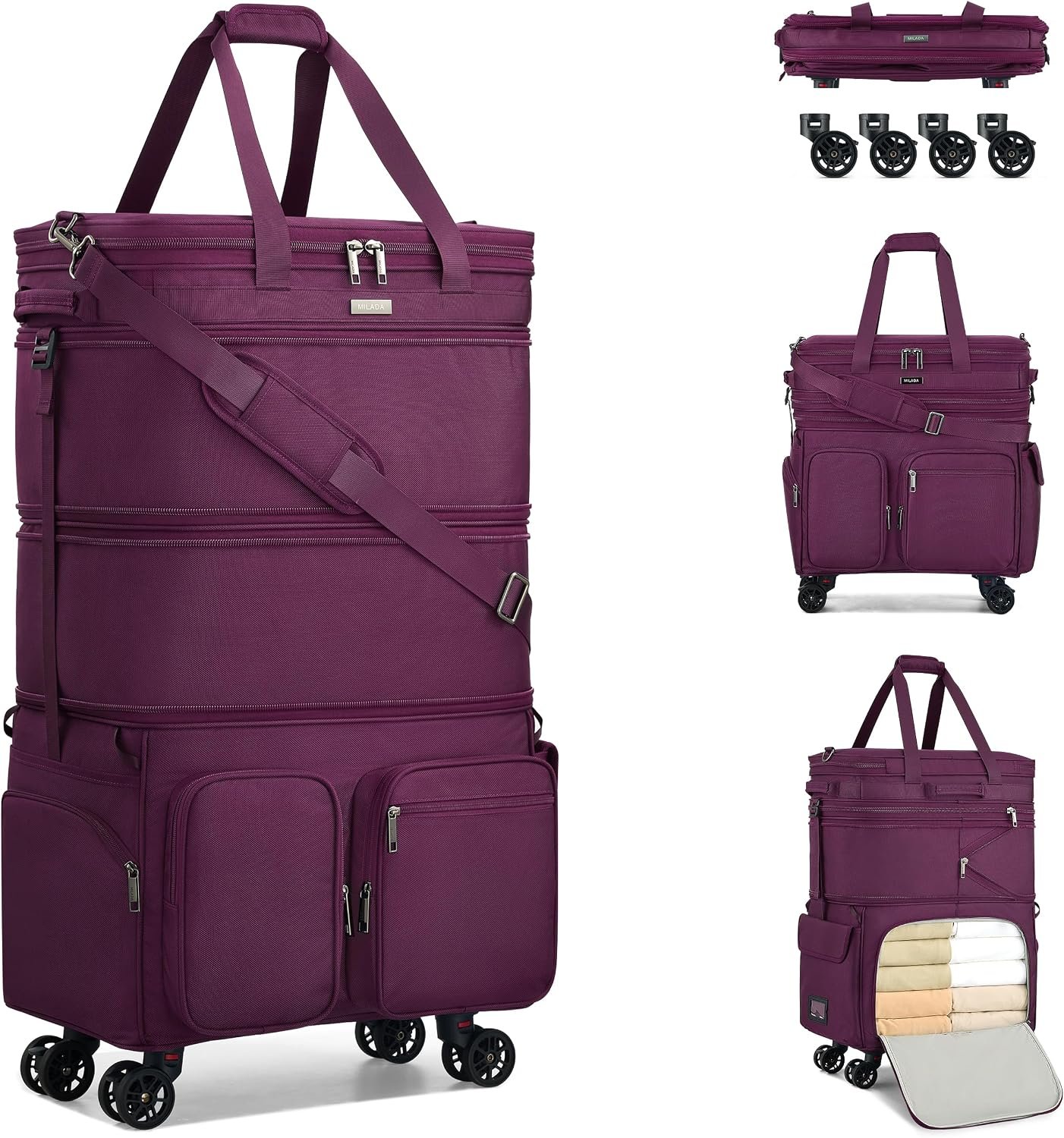 MILADA Expandable Luggage Bags for Travel Large Suitcases with Wheels | Upgraded Foldable Rolling Bag, 13 Pockets, Multi Carry Ways, Collapsible Travel Bag for Moving, Gym, Shopping, Men & Women
