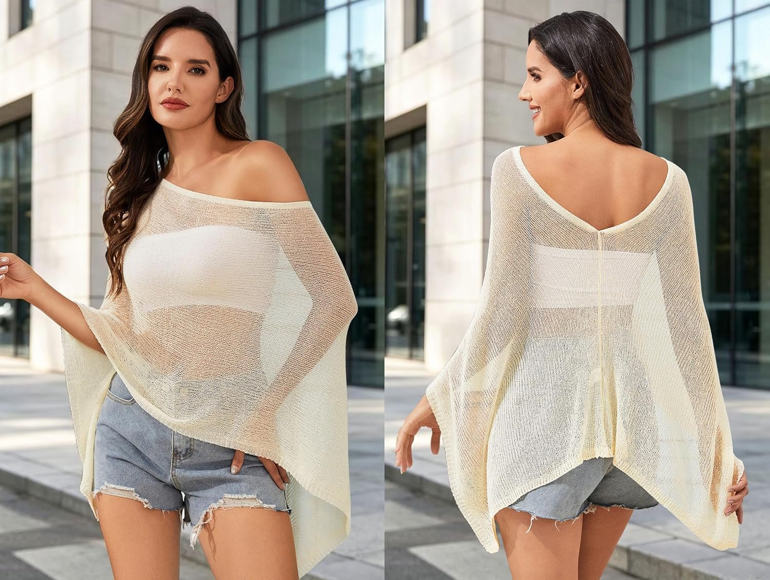 Women Poncho Shawl Top Beach Cover Up 3XS-6XL | Sheer Vacation Festival Swimsuit Crochet Knit Mesh Plus Shrug Cape Y2K Asymmetrica Off the Shoulder Boho Summer Concert Rave - Image 2