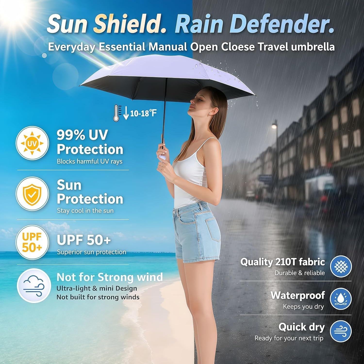 BAODINI Mini Travel Umbrella with UV Sun Protection, Compact Pocket-Size | 8.6 oz Lightweight, Small Portable for Sun & Rain, Fit Purse & Backpack, Travel essentials for Disney & European Trip - Image 2